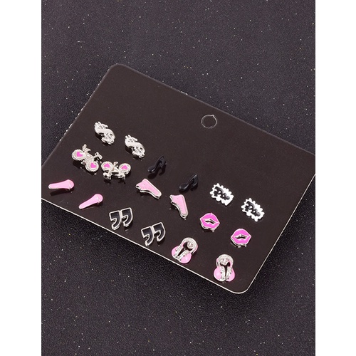 LRC Anting Set Fashion Pink Geometric Combination Drip Earrings Set V35411