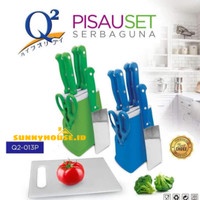 Q2-011P Pisau Dapur Stainless isi 8 pcs Rak Plastik + Talenan Random Color