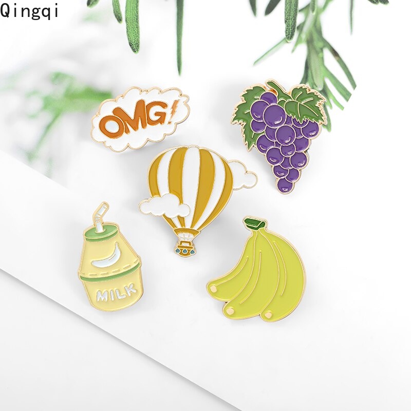 Bros Pin Enamel Desain Kartun Makanan Penutup OMG Anggur Pisang Susu Balon Untuk Tas Pakaian Anak