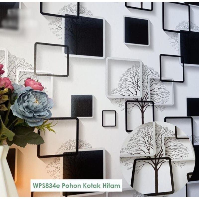 Wallpaper dinding motif kotak pohon hitam minimalis