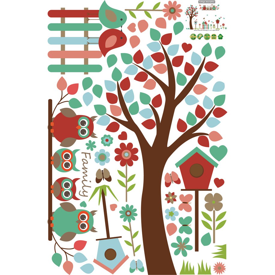 RELIZA WALL STICKER POHON OWL BIRD BURUNG ANAK KIDS STIKER DINDING SK9162