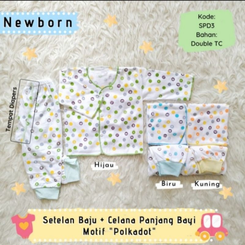 Setelan Baju Panjang + Celana Panjang Bayi Newborn Motif polkadot