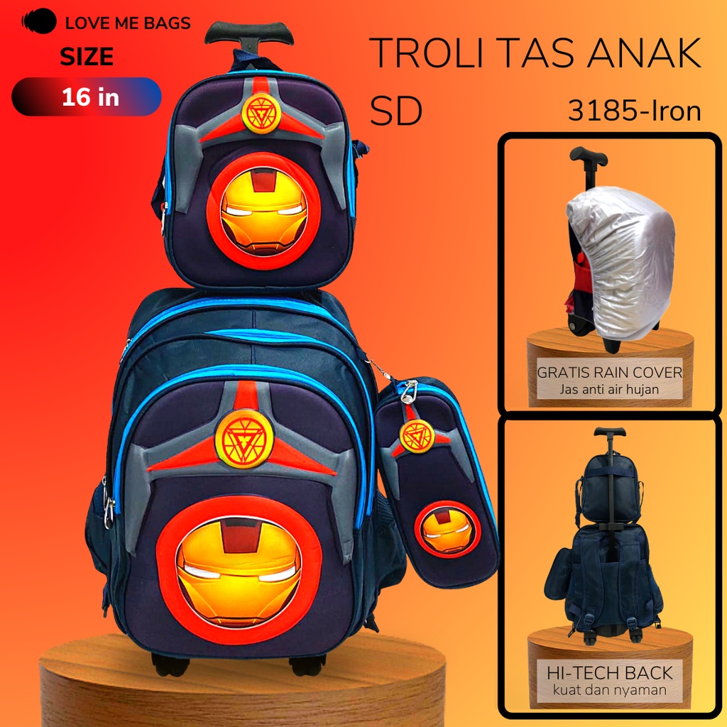 LMB Tas Troli Anak Sekolah Laki Laki SD Import 3in1 Bahan Nilon Premium Bagian Depan Timbul 6D Karakter Superhero Tebal Ukuran Besar