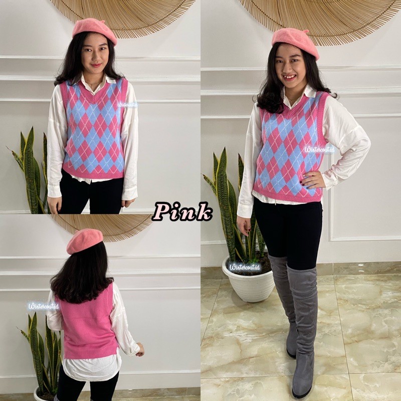 Knitted vest woman rompi rajut wanita import korea hangat winter knit plaid peppy velma v neck