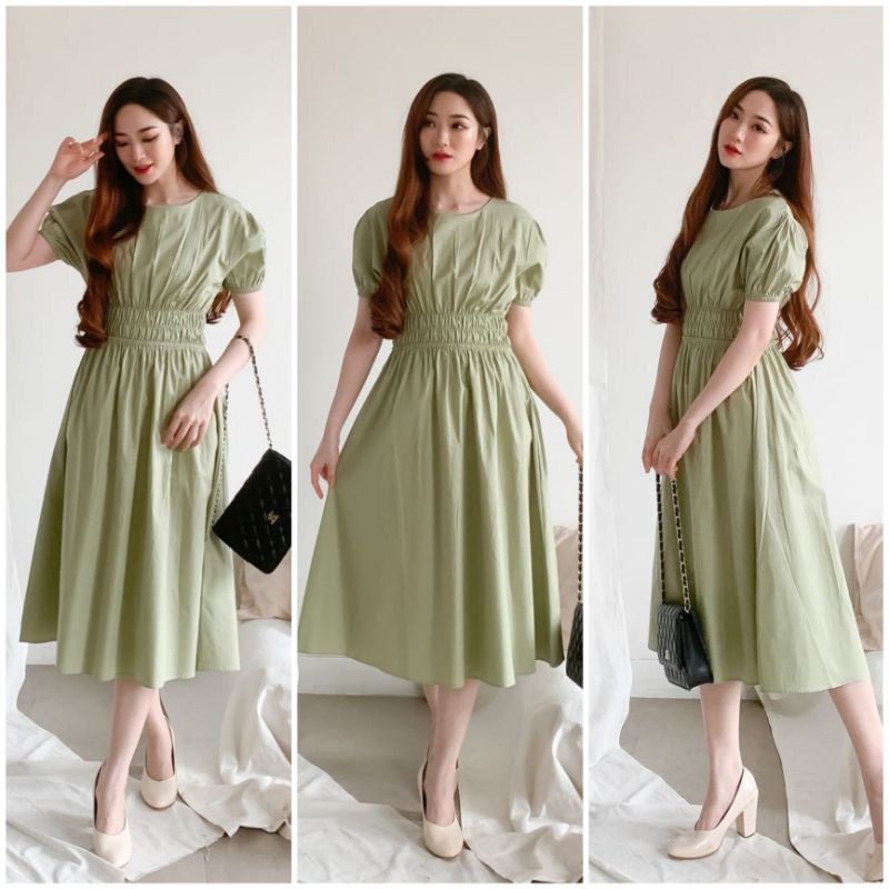 ♡ PREMIUM ♡ REAL PIC ! RINESCHA VINTAGE PLAIN RUBBER WAIST  MIDI DRESSDress pendek panjang