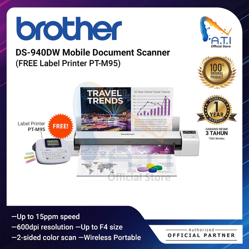 BROTHER Scanner DS940DW Portabel Mobile Scanner DS 940DW DS940 DS-940 + FREE BROTHER Printer M95