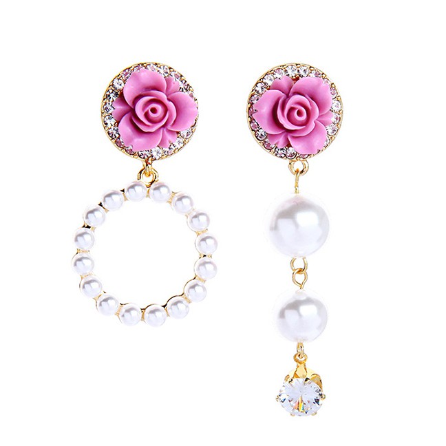 LRC Anting Tusuk Fashion White Sterling Silver Geometric Diamond Pearl Flower Asymmetrical Earring