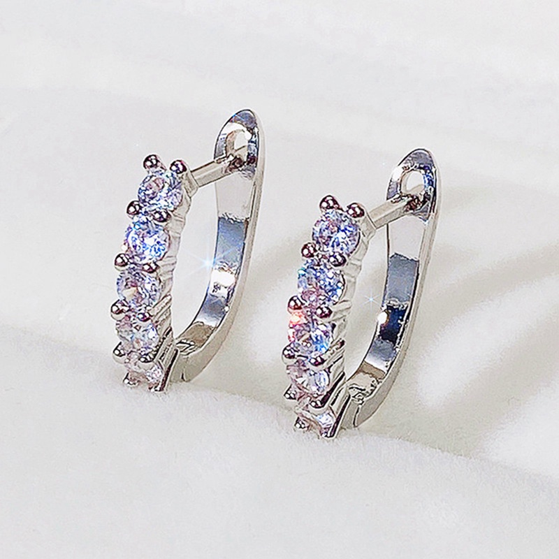 Anting Hoop Bentuk U Dengan Batu CZ Bulat Untuk Aksesoris Wanita