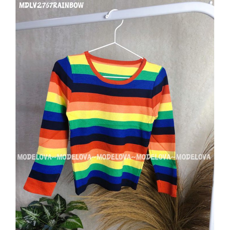 MDLV ~ BM 2767 LONG SLEEVE KNIT TSHIRT RAINBOW // ATASAN RAJUT LENGAN PANJANG // FASHION IMPORT