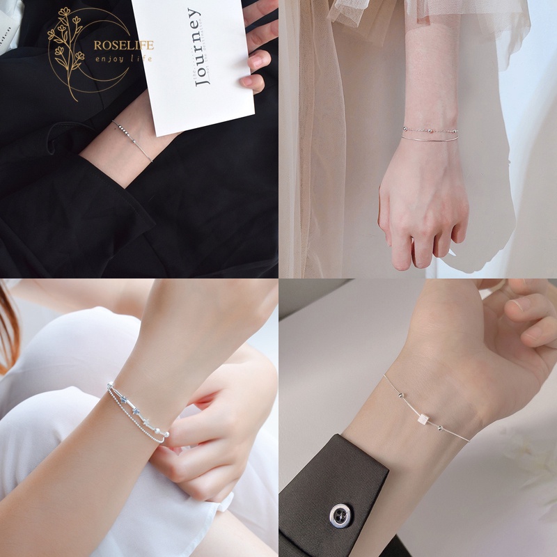 Roselife Gelang Tangan Rantai Sterling Silver 925 Aksen Manik-Manik Persegi Ala Korea Untuk Wanita