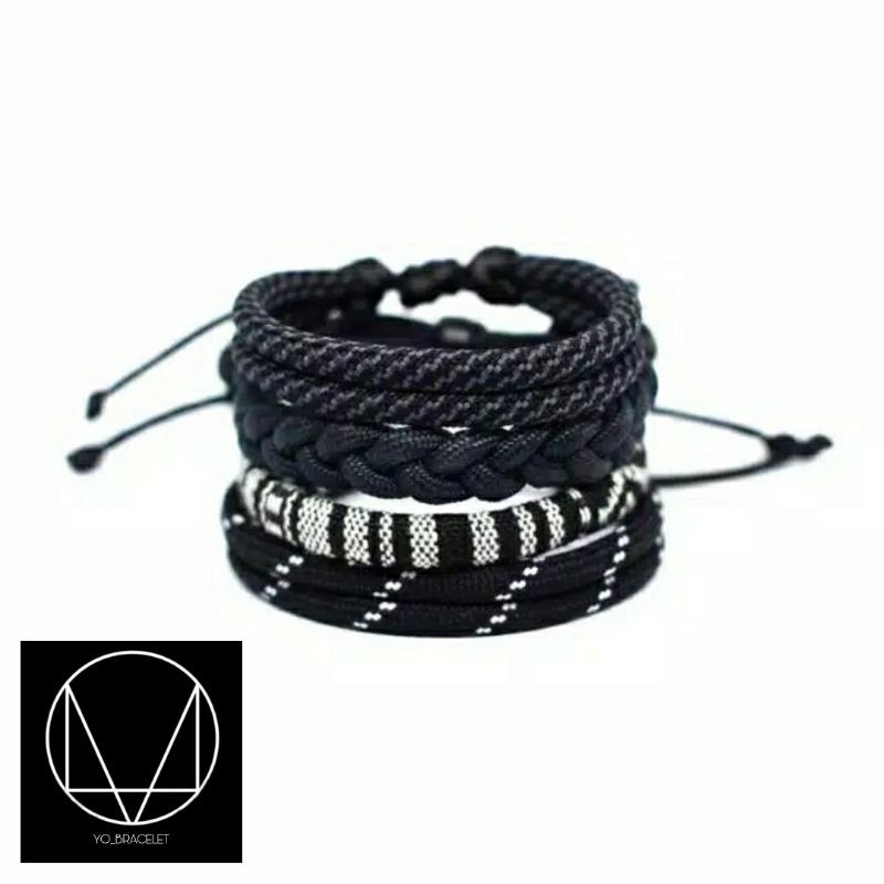 Gelang Pria Set Etnik Hitam Putih Kepang/Gelang Tali