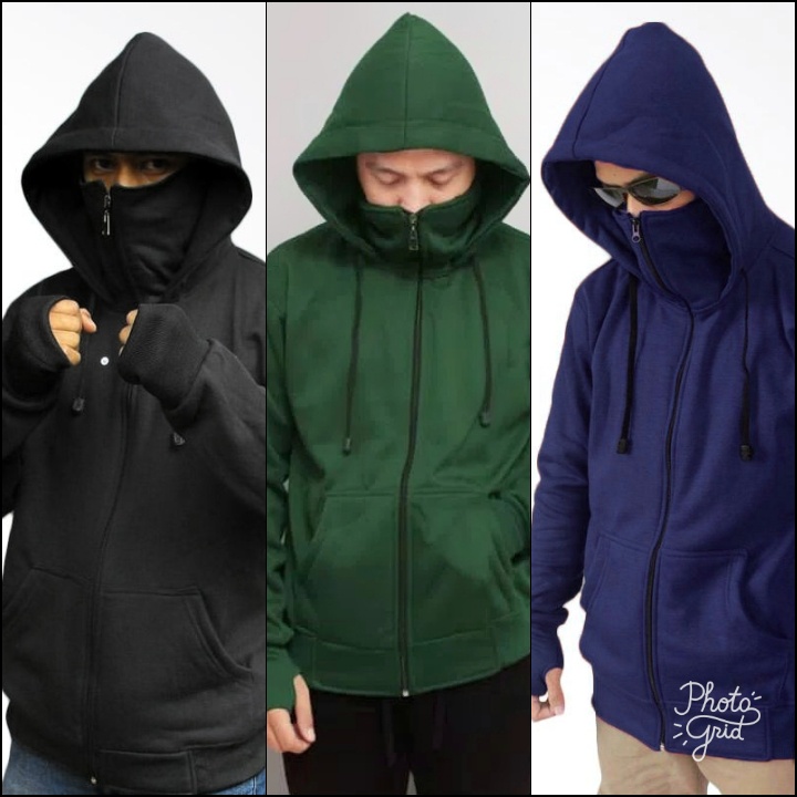 Jaket Ninja Polos dengan Zipper Full Resleting Pria Wanita Premium Dilengkapi Fingger Ditangan