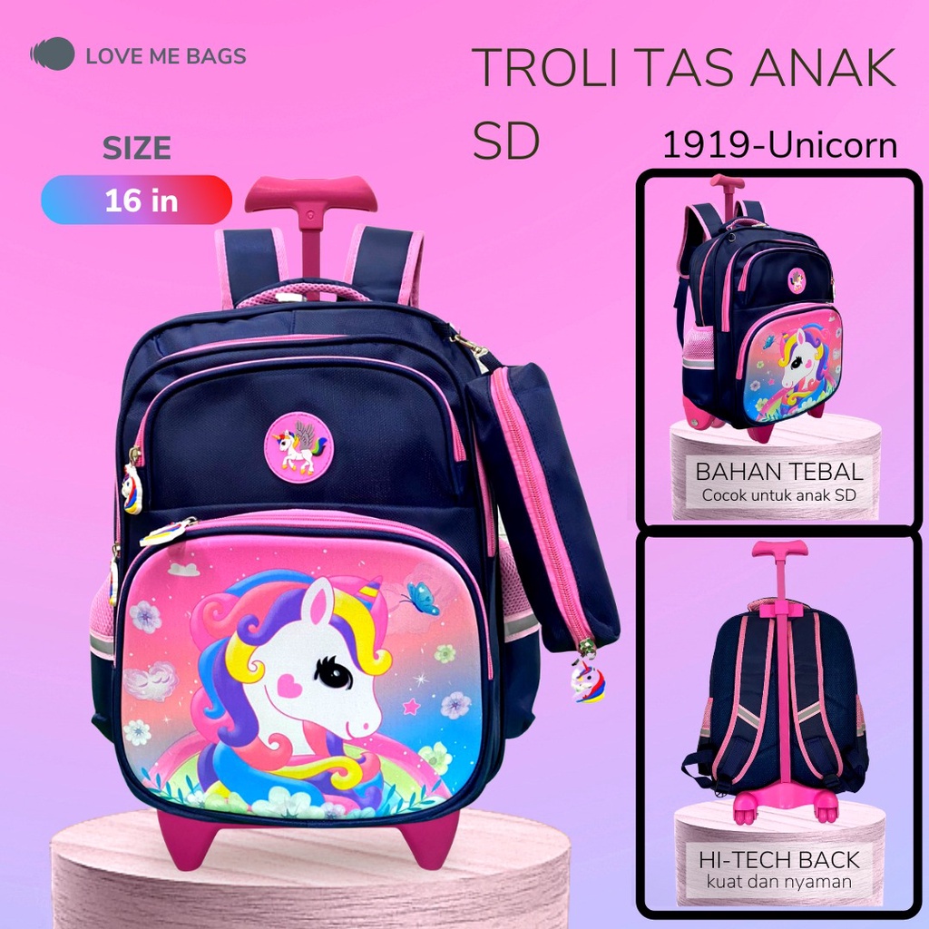 LMB Tas Troli Anak Perempuan Sd Roda Dorong Trolley Gambar Unicorn Kuda Pony Timbul 6D Import