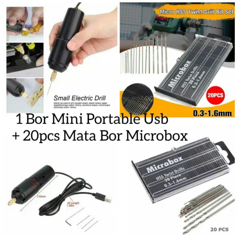 Paket Bor Mini Portable USB + 20pcs Mata Bor Microbox