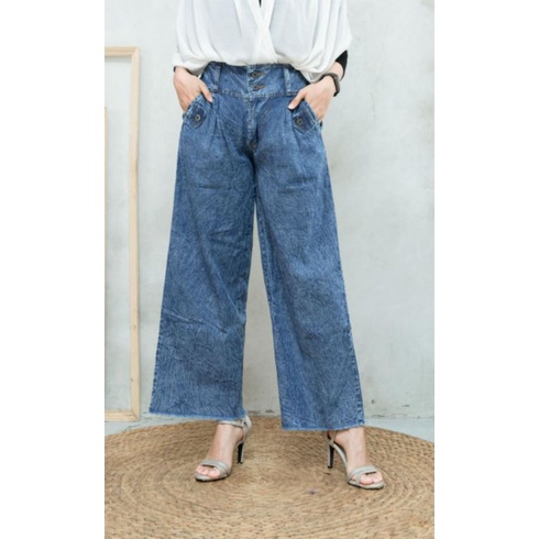 Kulot Jeans Standar Bawah Rawis Snow Kancing 4 Aktif Karet Belakang