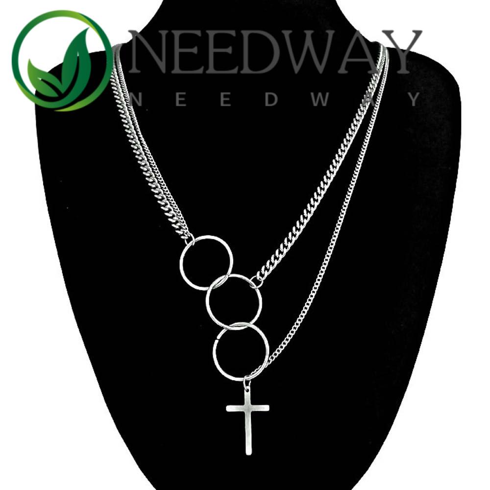 Needway  Trendy Circle Necklaces Punk Choker Clavicle Chain Metal Linked Double Layers Cross Pendant Men For Women Harajuku Fashion Jewelry/Multicolor