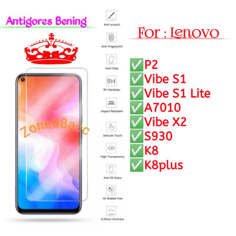 Lenovo P2 Vibe S1 Lite A7010 X2 S930 K8 Plus Antigores Bening Tempered Glass Screen protector TG