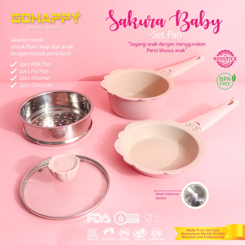 GOHAPPY SAKURA panci set mpasi baby /wajan bayi susu sauce pan/ fry pan frypan 16cm/ Pengukus GH-J24