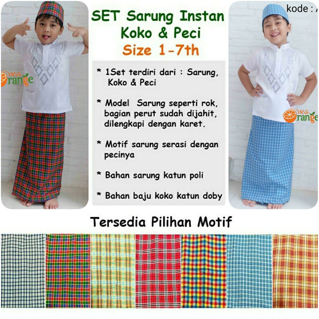 ORANGE KOKO SARUNG PECI sz 1357T Set SARKOCI anak instant anak nea peci cowo instan karet baju muslim kids