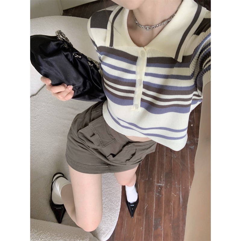 Atasan Rajut Stripe Shirt Lengan Pendek Wanita Collar Knit Top Korea