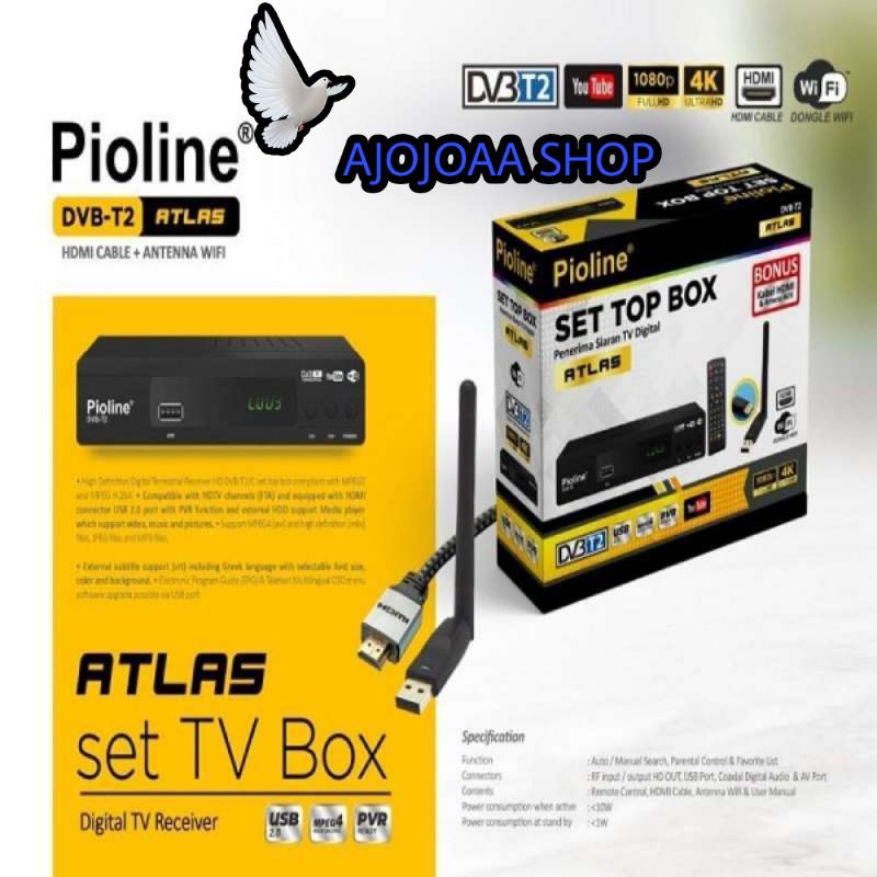 SET TOP BOX PIOLINE DVB-T2 RECEIVER YOUTUBE KABEL HDMI+DONGLE WIFI
