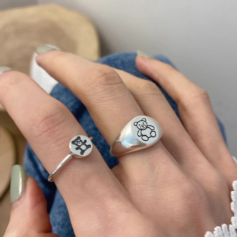 Cincin Model Terbuka Desain Kartun Hewan Beruang Warna silver Gaya Korea Minimalis Untuk Pelajar