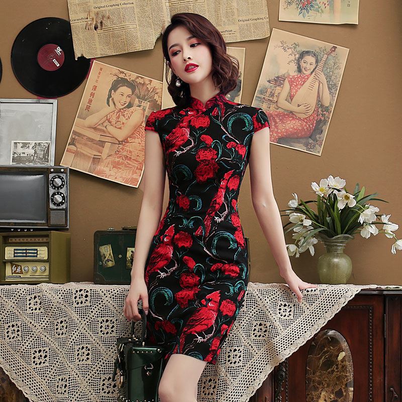 Multicolor new women's summer elastic cotton short sleeved cheongsam Chinese stand collar slim liter