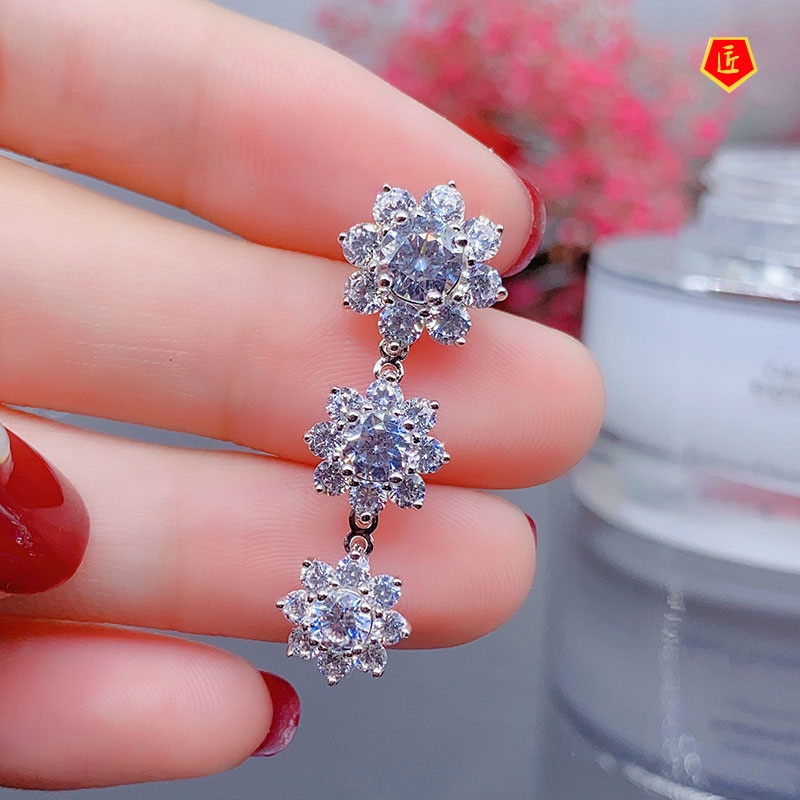 [Ready Stock]Elegant Long Three-Flower Moissanite Stud Earrings