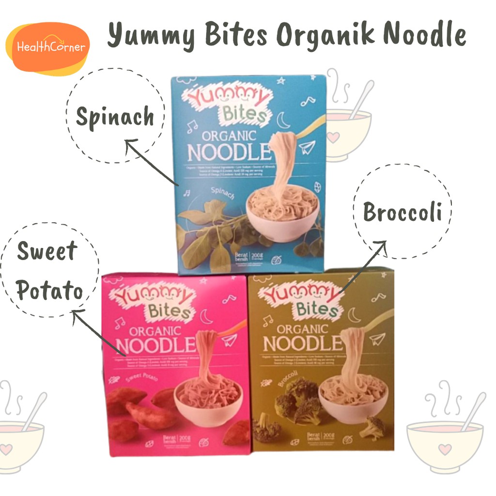 Yummy Bites Organic Noodle 200gr - Mie Organik Anak Broccoli, Sweet TomPotato, Spinach