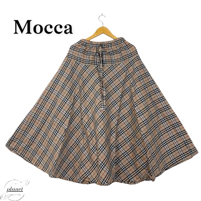 ROK KOTAK KOTAK PANJANG WANITA ROK PAYUNG MAYUNG ROK PANJANG ROK MUSLIMAH MUSLIM DEWASA BAHAN KATUN PINGGANG KARET TALIAN-Moka