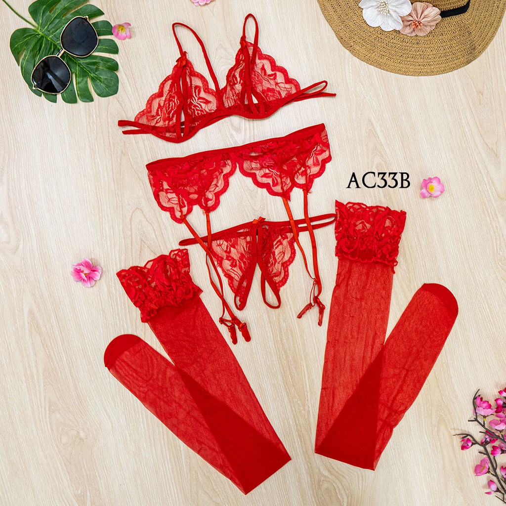 [PALING LARIS] BH CD SEKSI BRA SET + SABUK PAHA + STOCKING SEXY MERAH AC33B