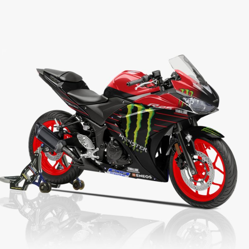 Decal Stiker Motor Yamaha R25 Full Body Racing Team Monster Hitam Grafis Sticker Custom Variasi Moti