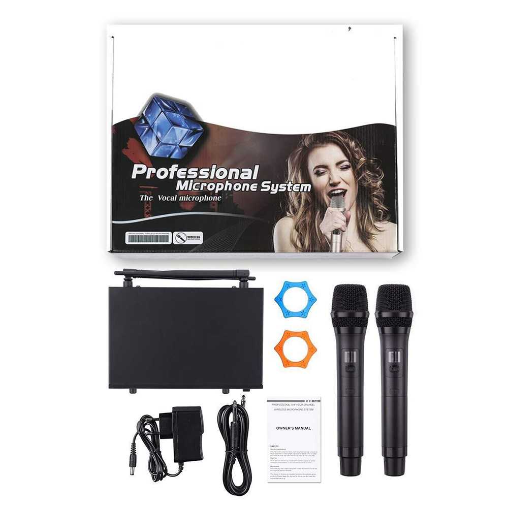 Mic Wireless Profesional UHF Fixed Frequency 2 Channels Wireless Microphone Professional System Dual Handheld Mic Long Range for Karaoke Stage Celebration Party KTV Karaoke Family Party Dual Professional VHF Wireless Micropon wireles Cordless Handheld