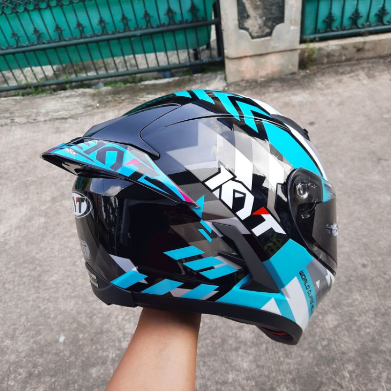 HELM KYT FALCON - PAKET GANTENG Aqua Blue Flou Black flat visor kaca flat ready top pinlock Original