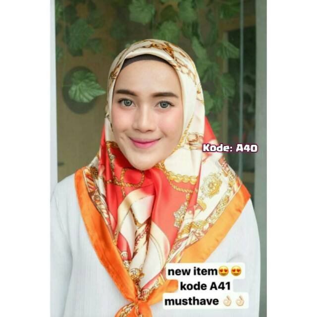 TERLARIS. H40 Jilbab Segi Empat Motif Hermes Orange Polyester Silk Premium Ori Import