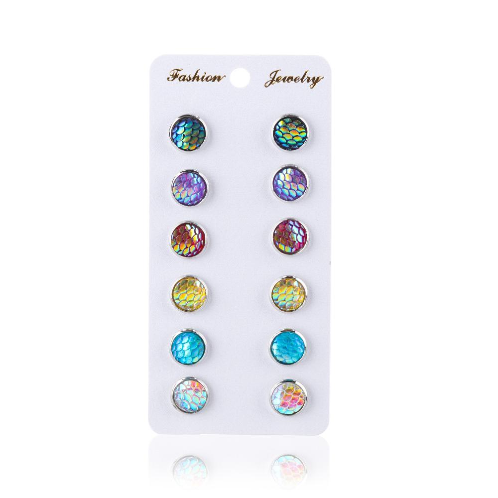 R-flower 6pasang/Set Anting Sisik Mermaid Fashion Perak 12mm Bulat