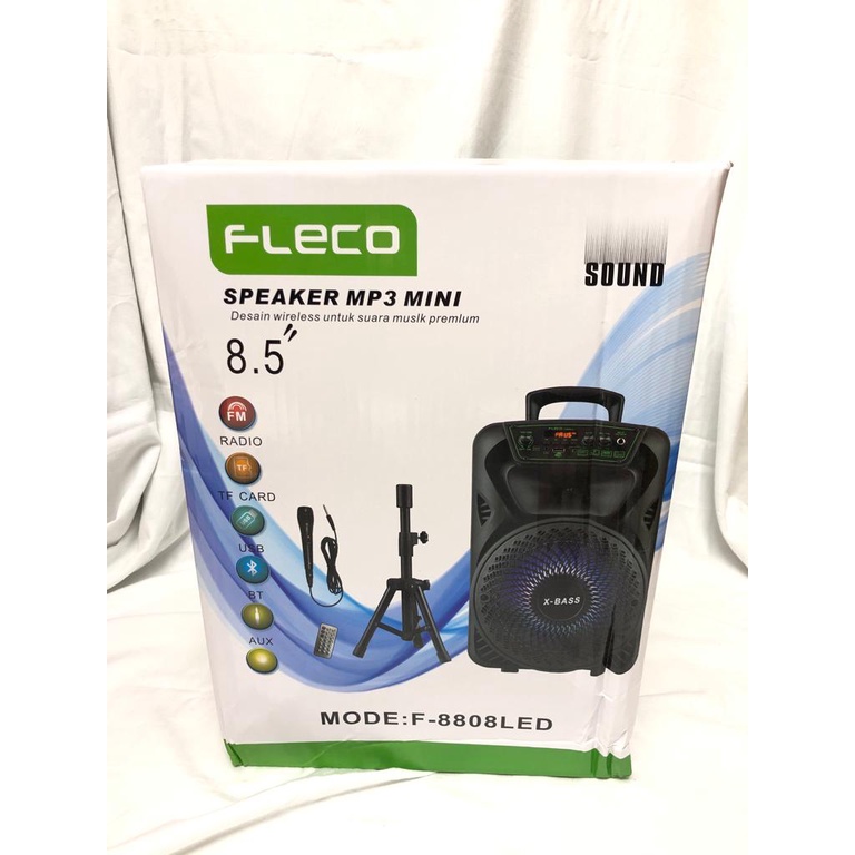 Speaker Fleco /F 8807/F-8808 LED Free Stand Speaker dan free mic kabel original fleco speaker aktif 