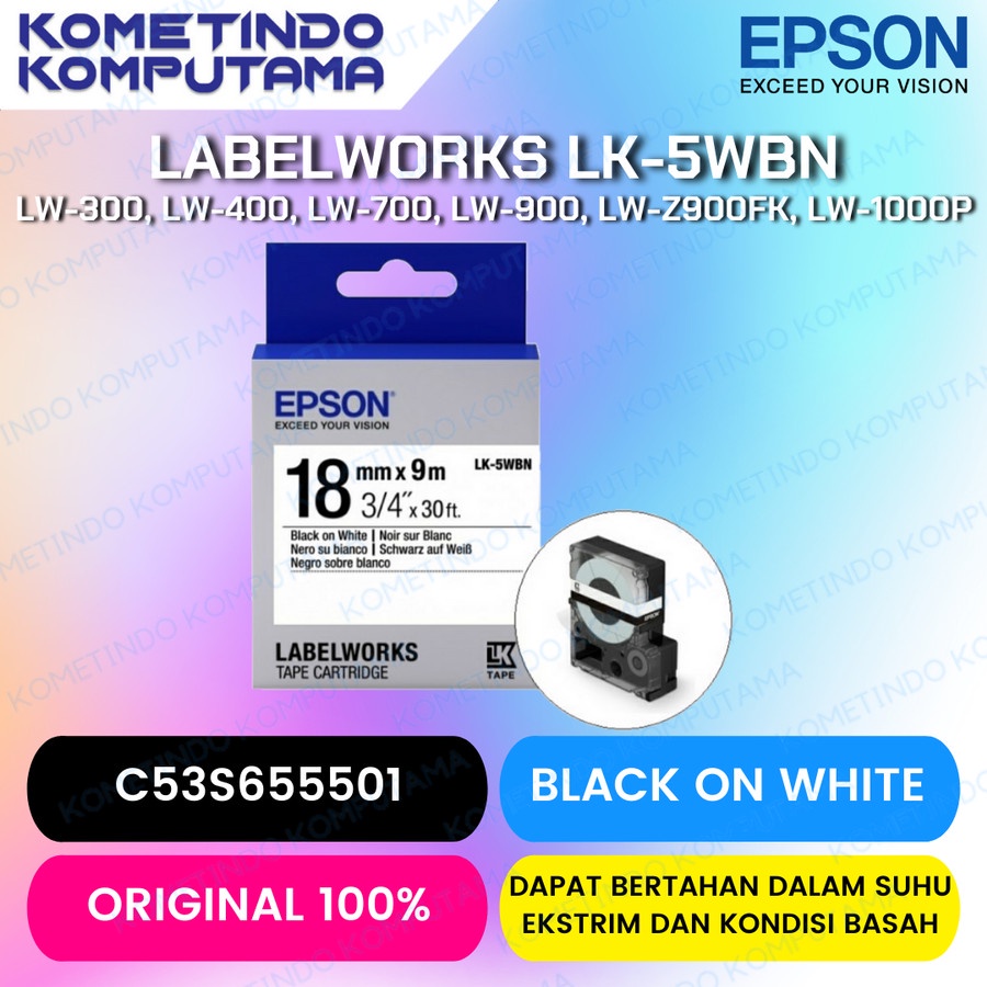 LK-5WBN Epson Label 18mm x 9m Black on White Labelworks Tape Cartridge