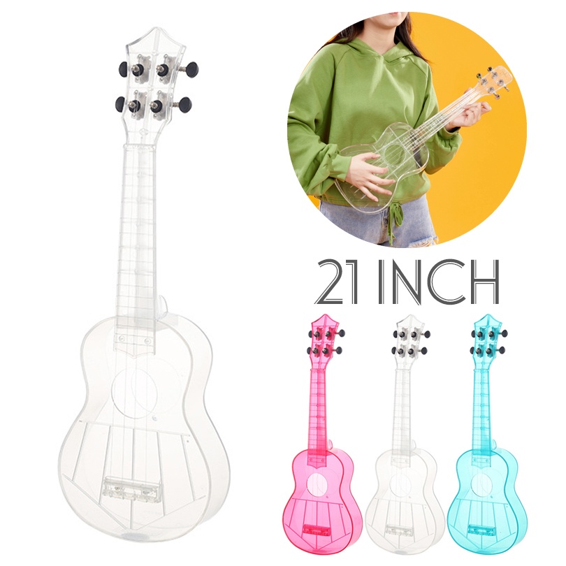 Gitar Ukulele 21inci Transparan Integral Unibody Ringan 3 Senar Warna Permen