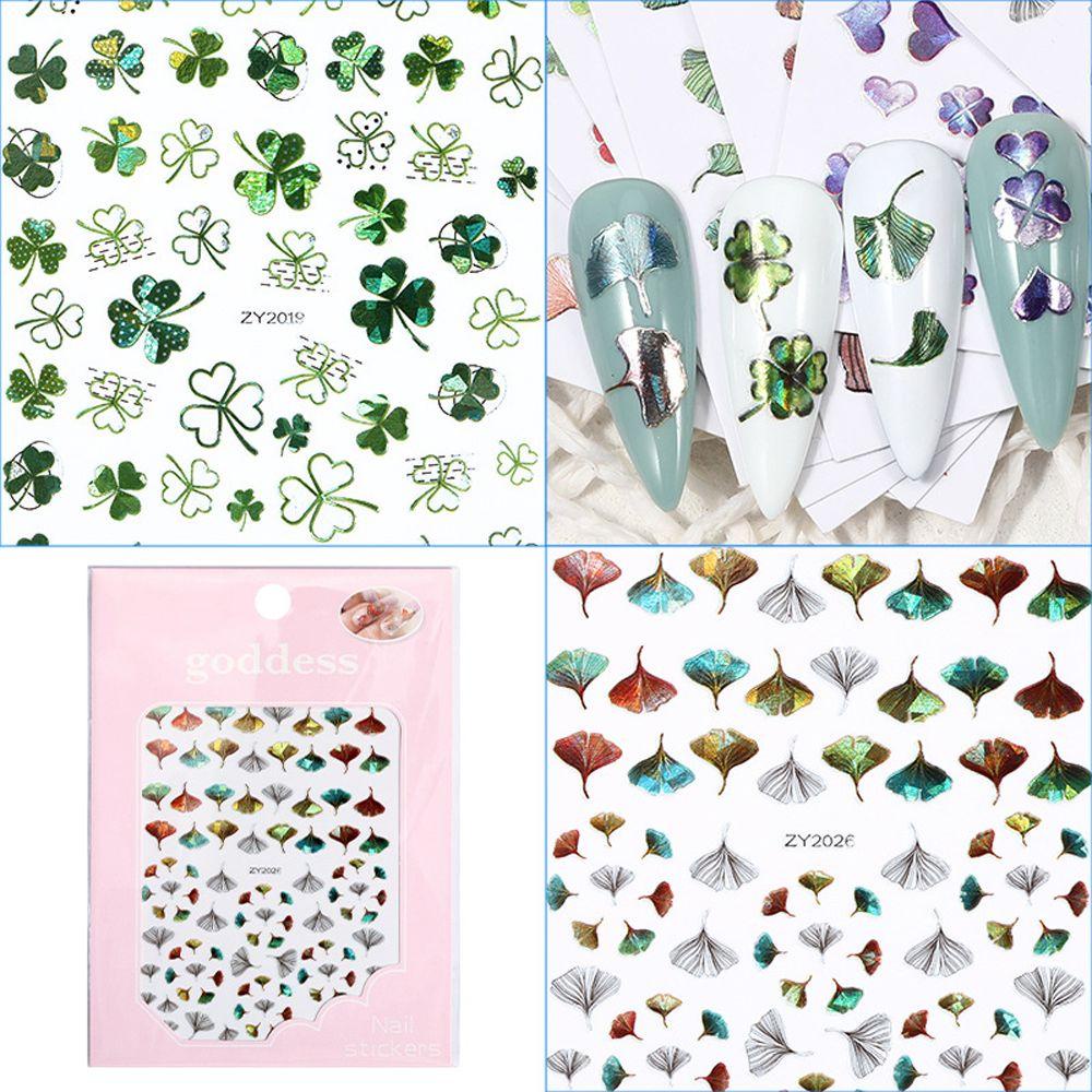 AUGUSTINA Agustina Clover Nail Art Stiker Hijau Hologram Laser Wanita Shamrock Ginkgo Manicure Grass Nail Tip Sliders