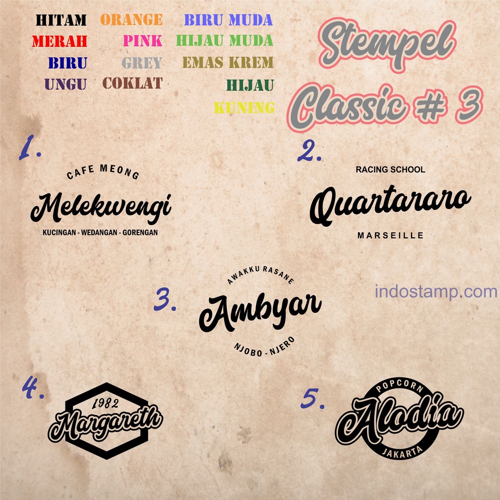 

stempel classic 3 retro vintage desain logo brand otomatis indostamp
