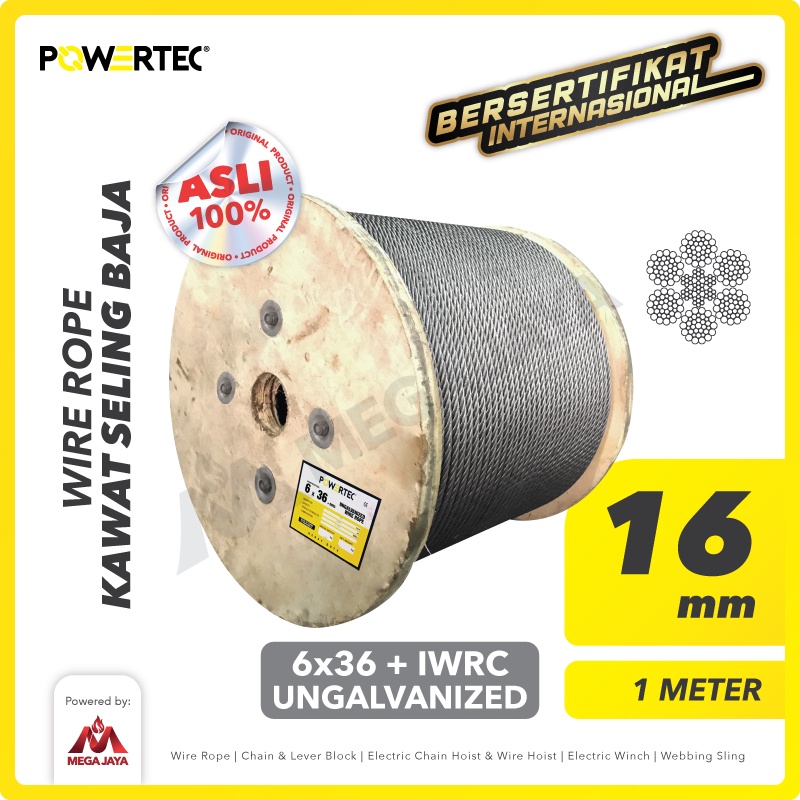 POWERTEC Wire Rope / Kawat Seling Baja 6x36 IWRC 16mm Ungalv - 1 Meter