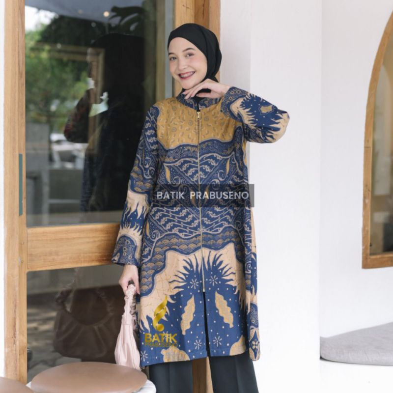 Tunik Batik Motif Kalingga Biru Outer Batik Wanita Modern Lengan Panjang Size Jumbo Baju  Atasan Kondangan Seragam  Kerja Guru Kantoran Tunik Full Zipper Depan Bunsui