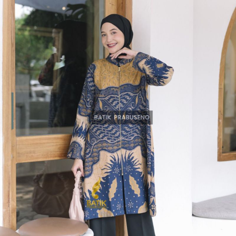 Tunik Batik Motif Kalingga Biru Outer Batik Wanita Modern Lengan Panjang Size Jumbo Baju  Atasan Kon