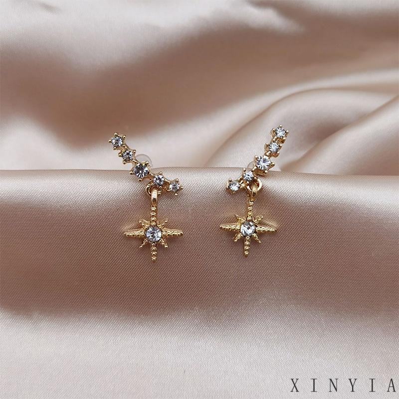 【COD】Anting Bentuk Bintang Hexagram Aksen Kristal Warna Emas Untuk Wanita