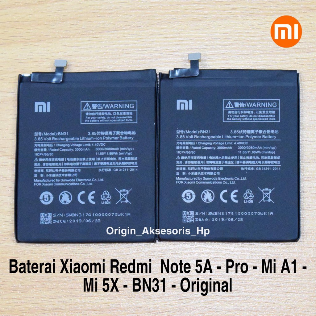 Baterai Xiaomi Redmi Note 5A - Redmi Note 5A Pro - Mi A1 - Mi 5X - BN31 Original Batre Hp BN 31 dc88