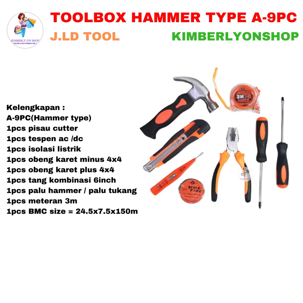 Kimberlyonshop Tool Kit Box Hammer Type J-1D A-9PC J.LD Tool