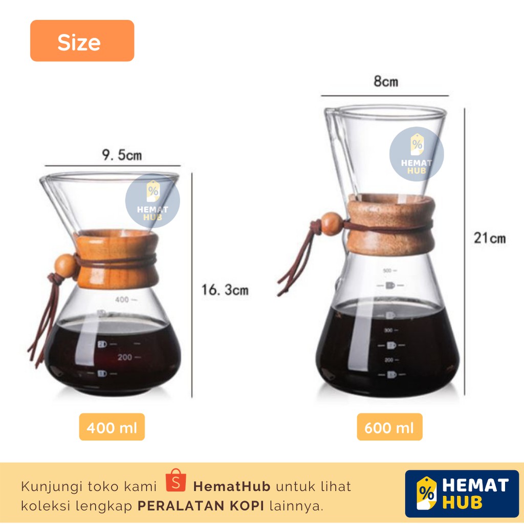 Chemex Coffee Server Kaca Dripper Pot Woodneck Pour Over Drip Kopi Manual Brew Teko V60