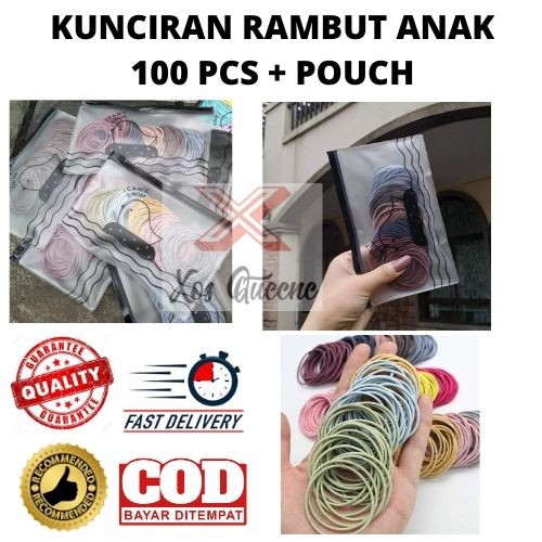 XOQ - 100 Pcs Ikat Rambut Korea Free Pouch / Ikat Rambut Elastis Polos