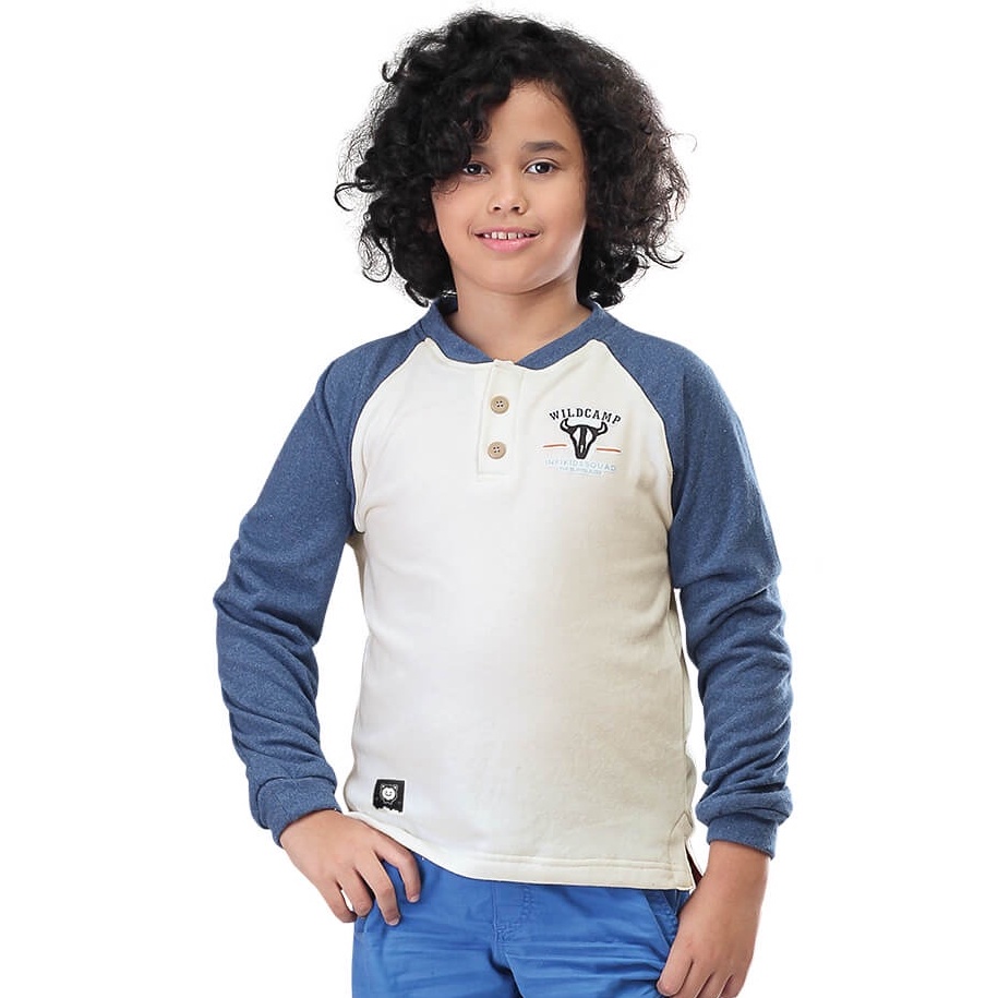 Kaos Anak Laki-Laki 6-12 Tahun Lengan Panjang Boy Sweater Bahan Baby Terry Putih Kancing Depan  KID